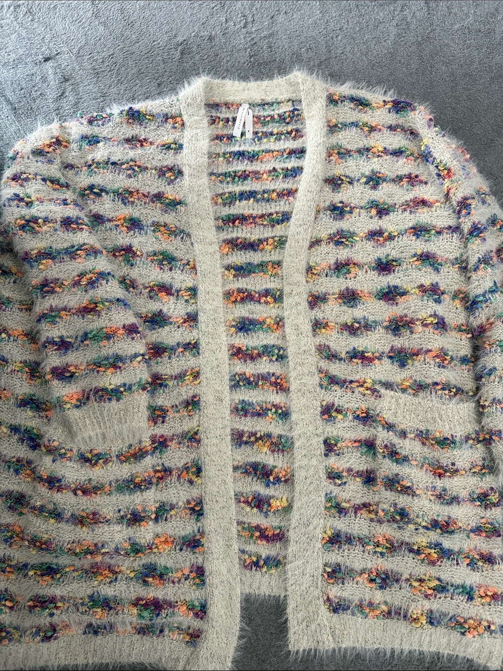 Fuzzy Cream Multi-Stripe Open-Front Cardigan